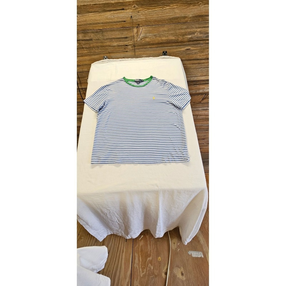 Polo Ralph Lauren Mens XL Blue White Striped T-Shirt Green Collar Yellow Pony